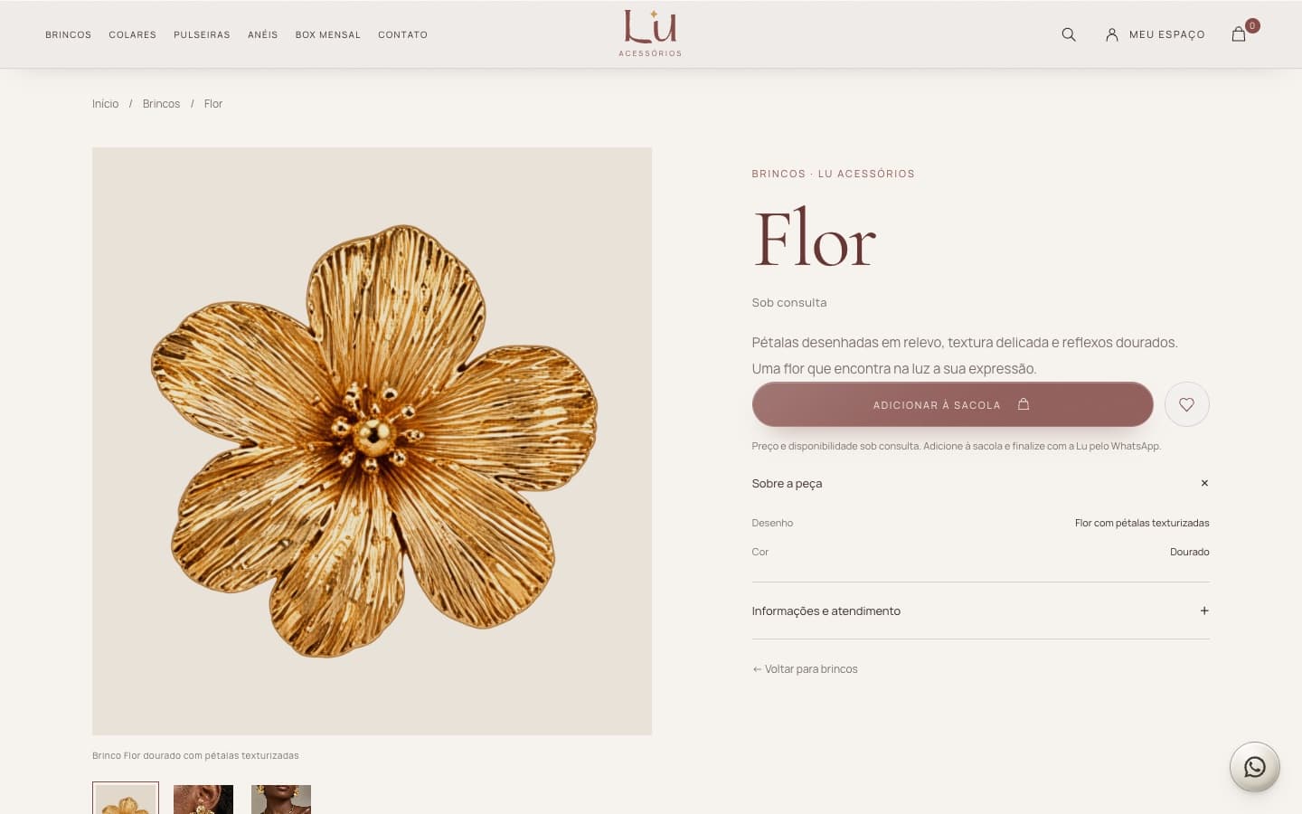 Página de produto do site Lu Acessórios, com fotografia da peça Flor, informações e ação de compra
